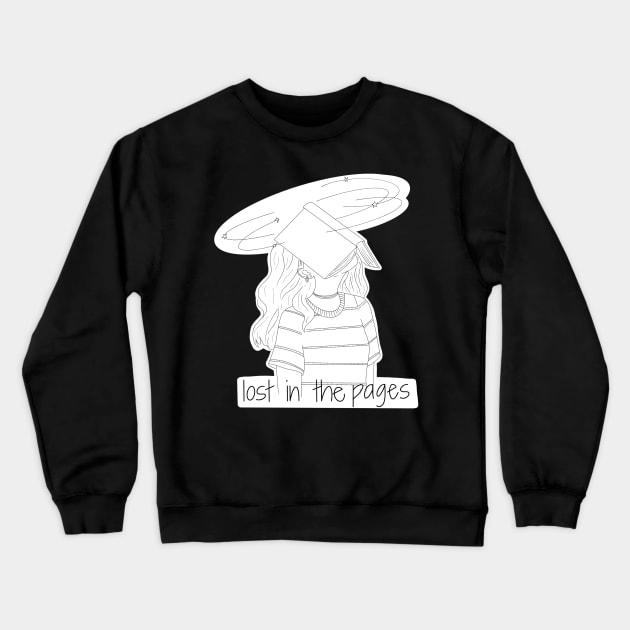 Lost in the pages black and white Crewneck Sweatshirt by kymbohcreates